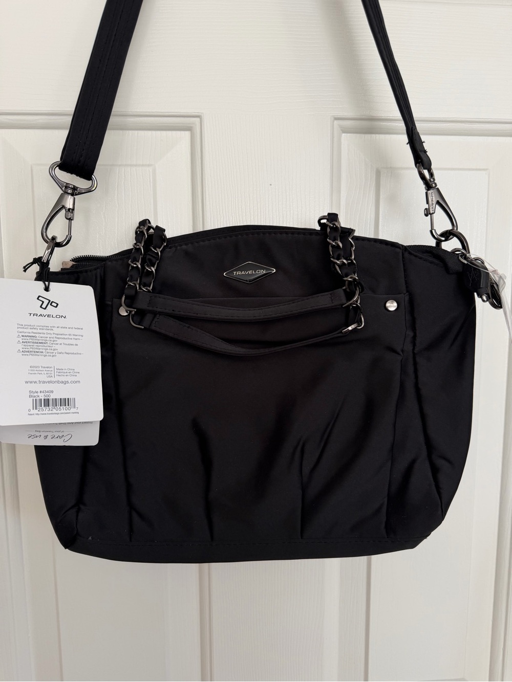 Travelon Black Nylon Shoulder Tote with Chain-Detail Handles